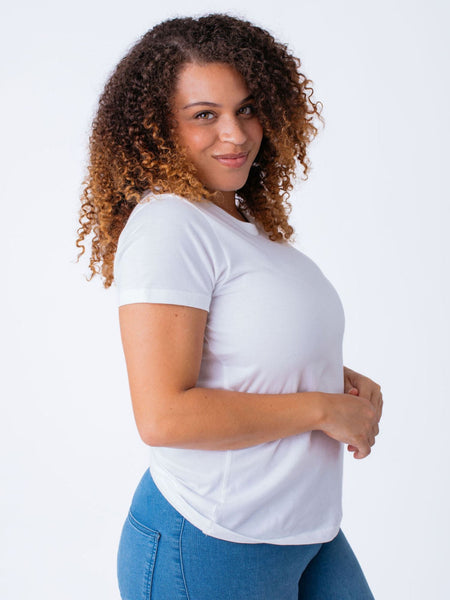 Micah is 5'9, size 10 and wears a size L # Women's White Crew Neck | Basics | Fresh Clean Threads Canada