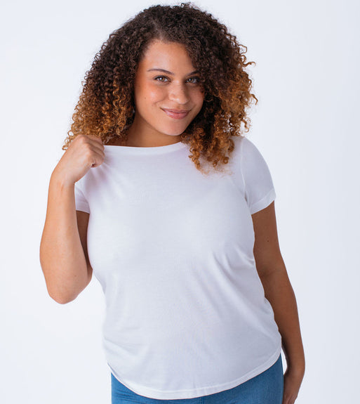 
					
						Women's White crew Neck Tee | Model wears size Large | Fresh Clean Threads Canada
					
					