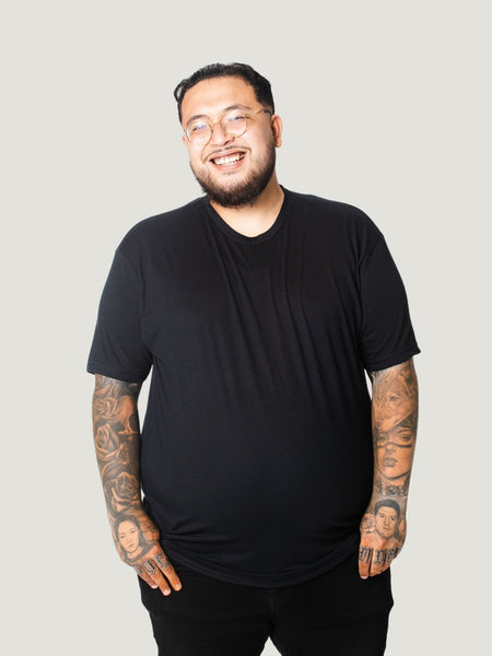 koichi is 6'1, 290lbs and wears size 2xl # Black Crew Neck Tee | Fresh Clean Threads Canada