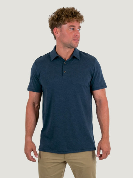 Matt is 6', 180lbs and wears a size M # Never twist collar on a Navy Torrey Polo | Fresh Clean Threads Canada