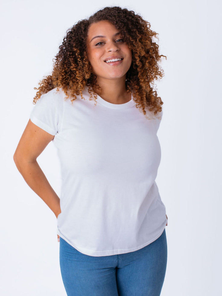 Women's White Crew T-shirts | Model Wears Large | Fresh Clean Threads Canada