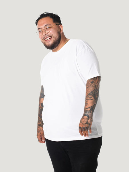 koichi is 6'1, 290lbs and wears size 2xl # White Crew Neck Tee Size 2XL | Fresh Clean Threads Canada