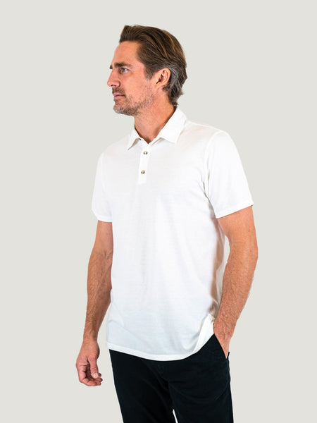 Never twist collar on a White Torrey Polo | Fresh Clean Threads Canada