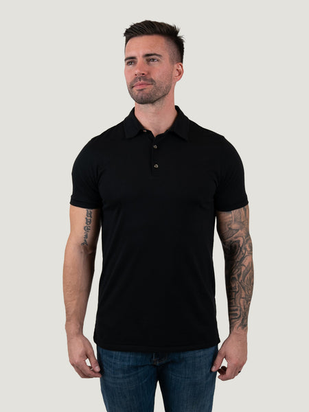 Nolan is 5'10, 190lbs and wears a size M # StartuSoft Black Torrey Polo | Fresh Clean Threads Canada